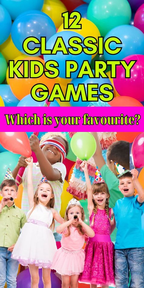 These 12 classic kids party games have stood the test of time! Generations of children have laughed and smiled while playing these fun group games perfect for a kids birthday party or any celebration. This list has everything you need for planning activities at your next kids party. Classic party games like musical chairs, pass the parcel, egg and spoon race, balloon relay race, pin the tail on the donkey. Active engaging games easy to set up and suitable for kids aged 4-11. Kids part planning Old School Party Games, Party Games For Kids Birthday, Games For Kids Birthday Party, School Party Games, Indoor Party Games, Pass The Parcel, Easy Party Games, Toddler Party Games, Sleepover Party Games