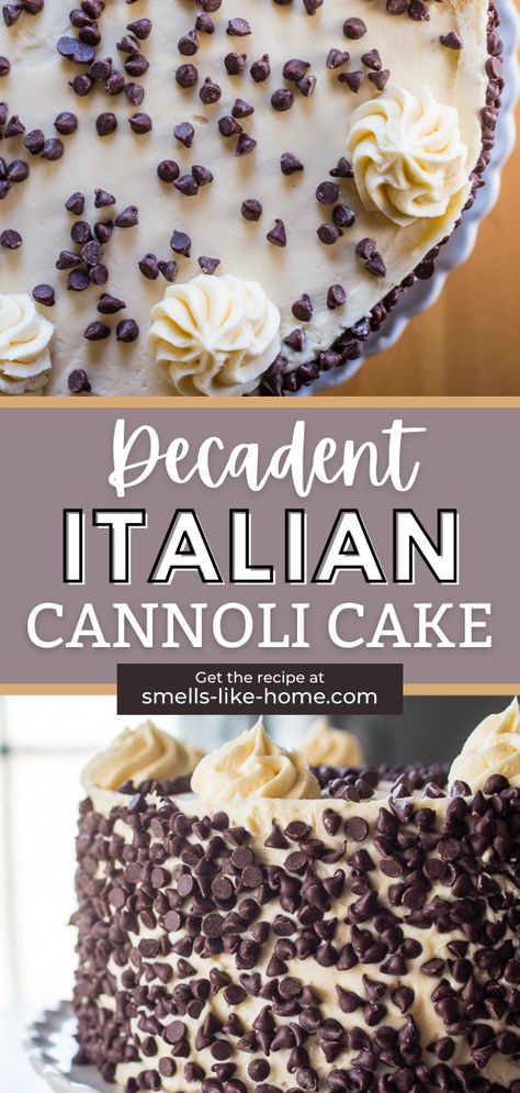 This indulgent Italian Cannoli Cake recipe is a must-try for any cake lover! Layers of rich rum-soaked yellow butter cake are sandwiched with homemade cannoli filling and topped with creamy vanilla buttercream frosting. To top it off, it's loaded with mini chocolate chips that will satisfy any sweet tooth. This showstopper of a cake will be the new star of your dessert table! Carabbas Cannoli Cake Recipe, Best Flavored Cakes, Carrabas Cannoli Cake Recipe, Casada Cake Italian, Cannoli Cake Recipe Italian Desserts, Chocolate Chip Cannoli Cake, Canolli Cake Recipe, Homemade Cake Filling, Canoli Cake Recipes