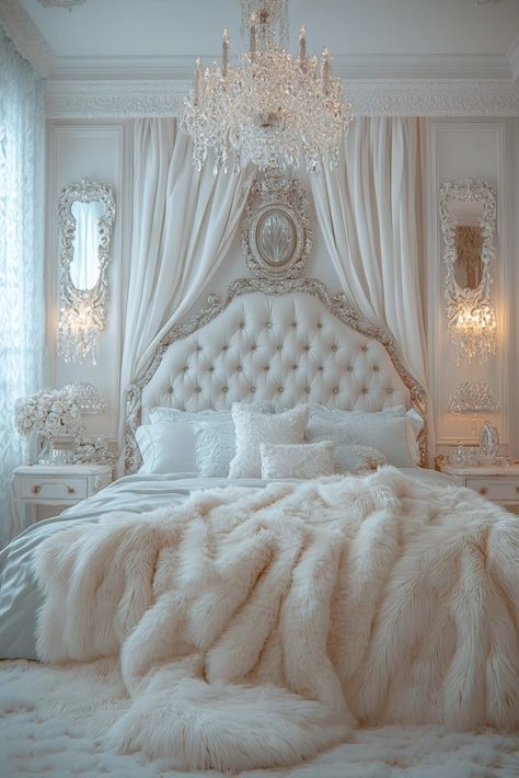 Royal Themed Bedroom, White Gold And Silver Bedroom Ideas, Queen Room Ideas Bedrooms, Aesthetic Room Theme Ideas, Small Royal Bedroom, Royal Theme Bedroom, Royal Room Bedrooms, White Princess Bedroom, Castle Bedroom Luxury