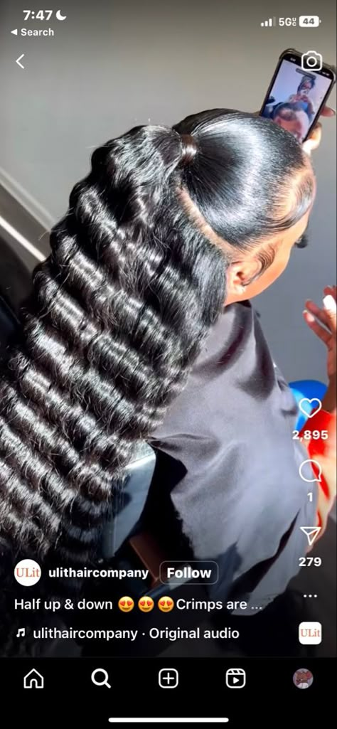 Half Up Half Down Hair Black Women Crimp, Crimped Ponytail Black Women, Half Up Half Down Hair Crimped, Half Up Half Down With Crimps, Half Up Half Down Crimps, Crimped Half Up Half Down, Mid Half Up Half Down Hair Black Women, Half Up Half Down Crimped Hair, Half Up Half Down Wig Black Women