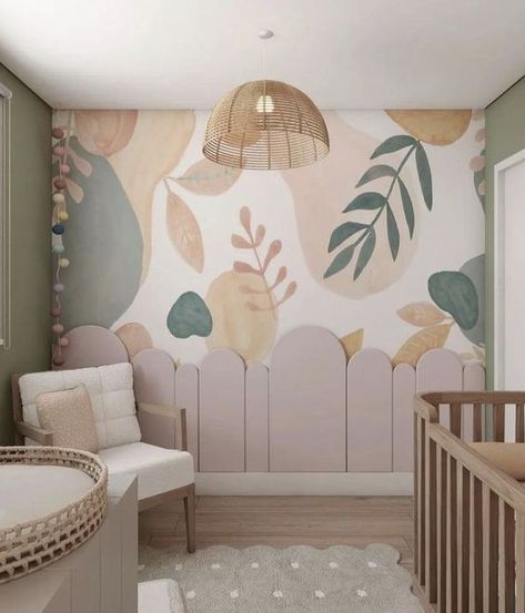 kids bedroom wall painting ideas simple Green Nursery Room Ideas, Pastel Gender Neutral Nursery, Baby Girl Mural Nursery, Garden Accent Wall, Baby Room Mural Ideas, Pastel Baby Room, Painting Murals On Walls, Kids Room Paint Ideas, Nursery Pastel