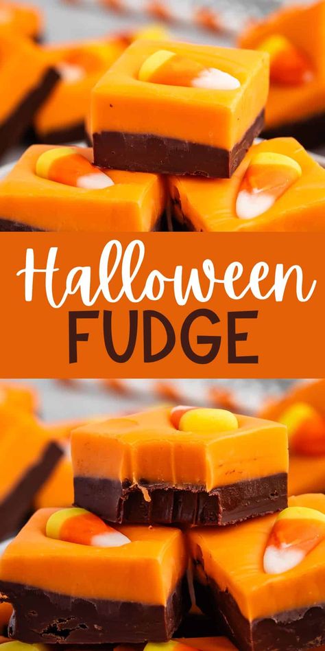 Layered Halloween Fudge - Crazy for Crust Easy Fall Fudge Recipe, Simple Halloween Desserts For Kids, Homemade Halloween Candy Ideas, Easy Back Sale Ideas, Halloween Treat Recipes Easy, Vampire Fudge Recipe, Fudge Recipes Halloween, Easy Homemade Halloween Treats, Easy Halloween Fudge