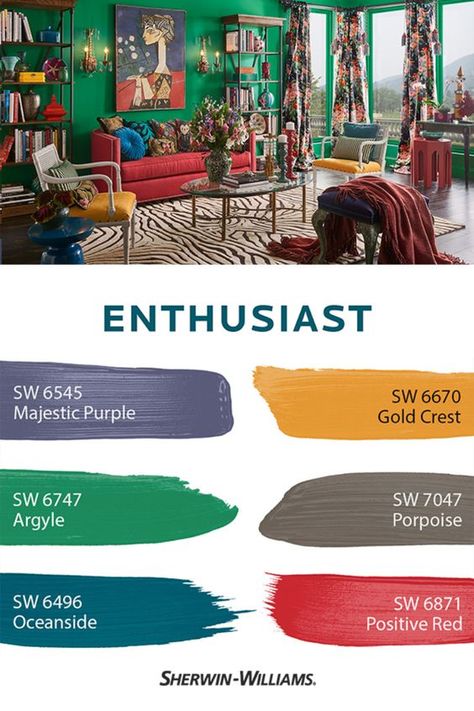 For those who aren't afraid to own the spotlight, the Enthusiast Palette from Sherwin-Williams has the hues for you. These lively paint colors are ideal for boho spaces, where maximalism reigns supreme. Click through to see more 2019 Colormix® Forecast palettes. Boho Interior Paint Colors, Boho Bedroom Wall Colors, Boho Wall Color Ideas, Bohemian Paint Colors, Boho Paint Colors, Eclectic Color Palette, Bohemian Color Palette, Bold Paint Colors, Boho Colors