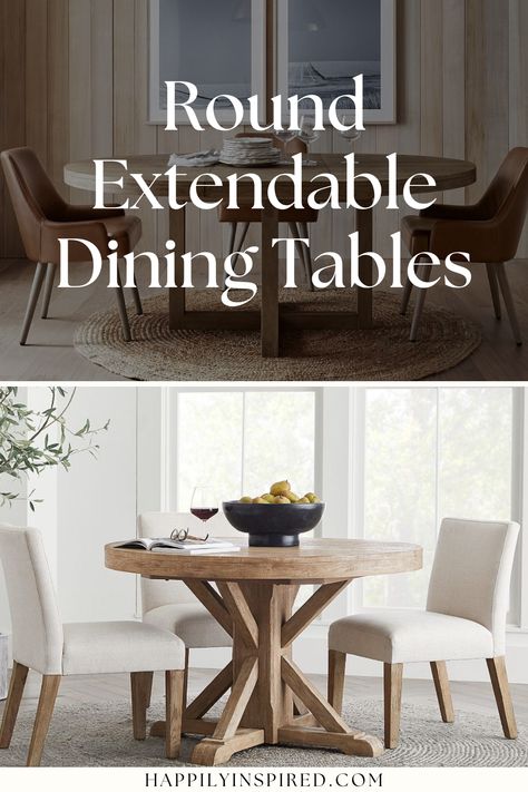 Round extendable dining tables offer a versatile and family-friendly dining solution. Find the best round table inspiration here! Plus, these are all extendable dining tables. Modern Kitchen Round Table And Chairs, Round Dining Room Table For 6, Small Round Extendable Dining Table, Round Kitchen Dining Table, Round Extendable Kitchen Table, Round Expandable Dining Table Wood, Round Table For 8 People, Round To Oval Extendable Dining Table, Dining Room Design Circle Table