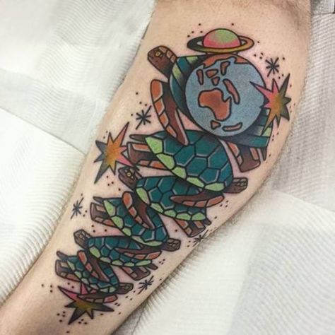 It's just turtles all the way down. - Part 2 of my "Absurd Space Imagery Leg" by Josh Leahy at Sacred Skin Brisbane Australia Turtles All The Way Down Tattoo, Turtles All The Way Down Aesthetic, Traditional Turtle Tattoo, Traditional Tattoo Man, Sea Turtle Tattoo, Turtle Tattoo Designs, R Tattoo, Turtle Tattoo, Unique Tattoos