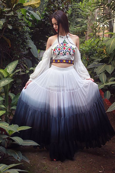 Unique ombré lehenga with cold shoulder cape sleeved blouse with white and navy blue! | WedMeGood|#wedmegood #indianweddings #capesleeves #ombrelehenga #lightlehenga #coldshoulderblouse #whitelehenga Indian Outfits Lehenga, Lehnga Dress, Indian Dresses Traditional, Traditional Indian Outfits, Indian Gowns, Designer Party Wear Dresses, Stylish Party Dresses, Party Wear Indian Dresses, Dress Indian Style