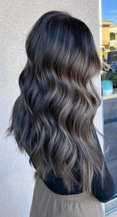 Dark Brown Hair With Ashy Highlights Balayage, Dark Espresso Balayage, Dark Hair Cool Tone Balayage, Ashy Bayalage Brunette, Smokey Highlights Dark Hair, Ash Blonde Bayalage On Black Hair, Modern Ombre Hair, Brunette Hair Color Ideas For Winter, Fall Hair Brunette Balayage