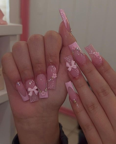 Pink Unique Nails, Pink Bling Nails, Deluxe Nails, Quinceanera Nails, Pink French Nails, Baby Pink Nails, Girly Acrylic, Long Acrylic Nail Designs, Nail Tutorial