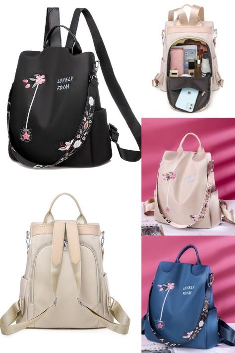 Fashion Lotus Flower Embroidery Oxford Cloth Waterproof Multifunction Shoulder Bag Women's Backpack College Bags For Women, Everyday Purse Casual, Ladies Purses Handbags, Lotus Flower Embroidery, Leather Hand Bags For Women, Traveling Backpack, Women Bags Fashion Handbags, Stylish Laptop Bag, College Backpacks