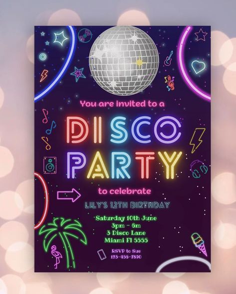 Neon Party Invitations, Bowling Birthday Invitations, Disco Cake, Retro Invitation, Anniversary Party Invitations, Kitty Party Games, Party Neon, 10th Birthday Parties, Glow Party