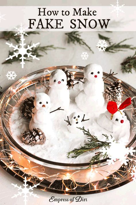 This fake snow recipe is perfect for making mini snowmen for an indoor, winter wonderland scene. You need just two ingredients and, when the project is done, you can reuse the artificial snow as a simple household cleaner. Diy Fake Snow Decoration, Fake Snow Decorations Indoor, Make Fake Snow For Crafts, Fake Snow For Crafts, Fake Snow Recipe, Indoor Winter Wonderland, To Do List Cleaning, Polar Habitat, Make Fake Snow