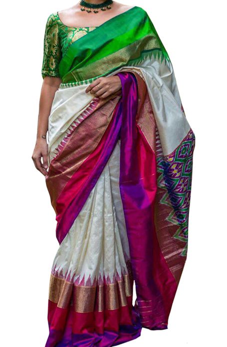 Off White Handloom Ikat Pochampally Pure Silk Saree    #puresilk#border#traditionalsaree#loveforsari#festivalcolors#partywear#ikat# Lakshmi Sarees, Multicolor Silk Saree With Ikat Print, Green Ikat Print Saree, Traditional Unstitched Ikat Print Saree, Luxury Multicolor Ikat Print Saree, Kora Silk Sarees, Unstitched Ikat Print Saree, Purple Pink Color, Ikkat Pattu Sarees