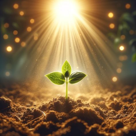 A serene and uplifting image depicting the concept of personal growth under divine guidance. The scene features a small, healthy seedling growing in fertile soil, bathed in warm, gentle sunlight that seems to emanate from above, symbolizing divine presence. The background shows a soft, heavenly light that further enhances the spiritual atmosphere. The seedling has a few fresh green leaves and... Good Soil Bible, Made In The Image Of God, Verses About Growth, Bible Verses About Growth, Spiritual Growth Art, Love In Bible, Growth Background, Growth Images, Growth Pictures