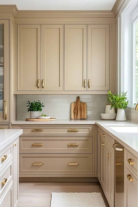 Tan Cabinets With Gold Hardware, Ash Brown Kitchen Cabinets, Cabinets To Ceiling Kitchen, Taupe Kitchen Cabinets Paint Colors, Diy Paint Kitchen Cabinets, Two Color Kitchen Cabinets Ideas, Kitchen Cabinets Cream, Kitchen Cabinets Paint Colors, Cabinets Paint Colors