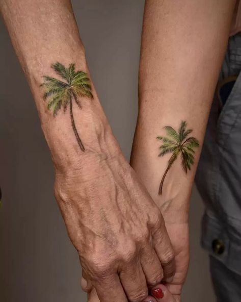 Couples Palm Tree Tattoo, Two Palm Tree Tattoo, Ankle Palm Tree Tattoos For Women, Two Palm Trees Tattoo, Ankle Tattoo Palm Tree, Palm Tree Back Of Ankle Tattoo, Tree Tattoo Side, Tree Silhouette Tattoo, Simple Heart Tattoos