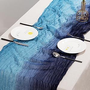 Blue Table Runner, Well Decor, Cheese Cloth, Linen Table Runner, Dining Experiences, Touch Of Modern, Creative Space, Table Runners, Dining Table In Kitchen