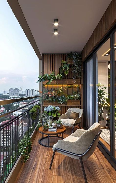 Terrace Design Apartment, Vertical Garden In Balcony, Wooden Balcony Ideas, Modern Balcony Design Exterior, Balcony Design Ideas Modern, Balcony Vertical Garden, Balcony Seating Ideas, Modern Balcony Design, Wooden Balcony