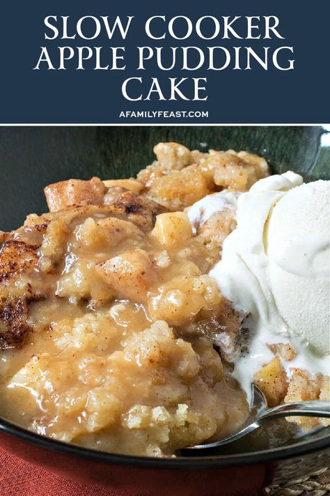 Slow Cooker Apple Pudding Cake has a sweet, soft, cinnamon-infused cake with chunks of apples throughout. Then, a luscious warm sauce forms underneath as the cake cooks in the slow cooker. Crock Pot Apple Pudding Cake, Crock Pot Apple Dessert Recipes, Crockpot Apple Pudding Cake, Slow Cooker Christmas Pudding Recipe, Fresh Apple Crockpot Recipes, Apple Bread Pudding Crockpot, Apple Crockpot Dump Cake, Slow Cooker Apple Recipes, Apple Pudding Recipes