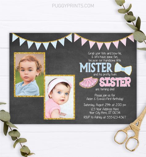 Twins Birthday Invitation Tutus and Ties Invitation Boy and - Etsy Australia Twins Birthday Invitations, Twin Birthday Invitations, Twin Birthday Parties, Twins Birthday, Twins 1st Birthdays, Twin First Birthday, Birthday Thank You Cards, Birthday Invites, Twin Birthday