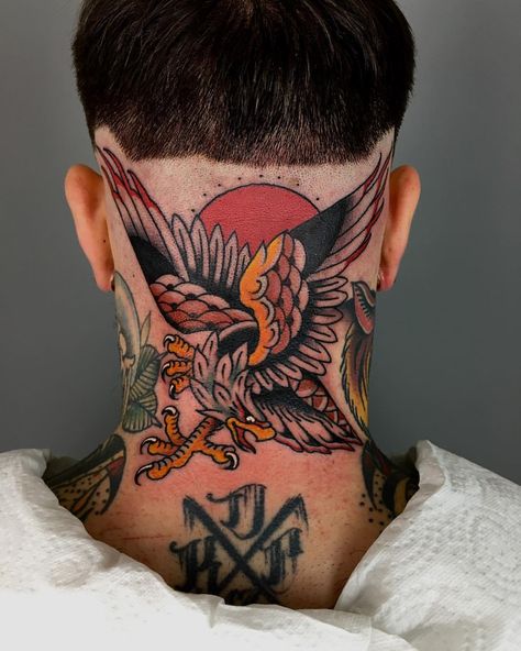 CLEMENS HAHN Eagle Neck Tattoo, The Neck Tattoo, Traditional Eagle Tattoo, Nape Tattoo, Best Neck Tattoos, Neo Tattoo, Evil Eye Tattoo, Throat Tattoo, Traditional Style Tattoo