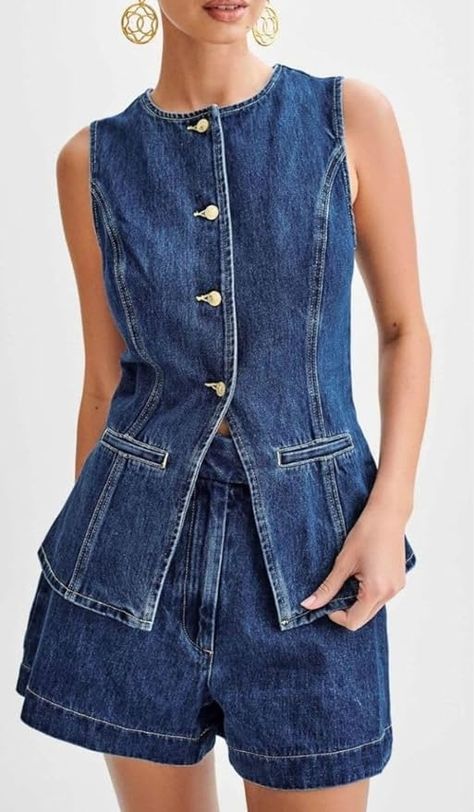 Amazon.com: colarat Women's Denim 2 Piece Set Casual Business Sleeveless Jean Blazer Vest Tops and Shorts Outfit Tracksuits (Small, Blue) : Clothing, Shoes & Jewelry Denim Vest Style, Spring Jacket Outfit, Womens Denim Vest, Denim Fashion Women, Denim Outfits, Vest Tops, Gilet Long, Long Vest, Fall 24