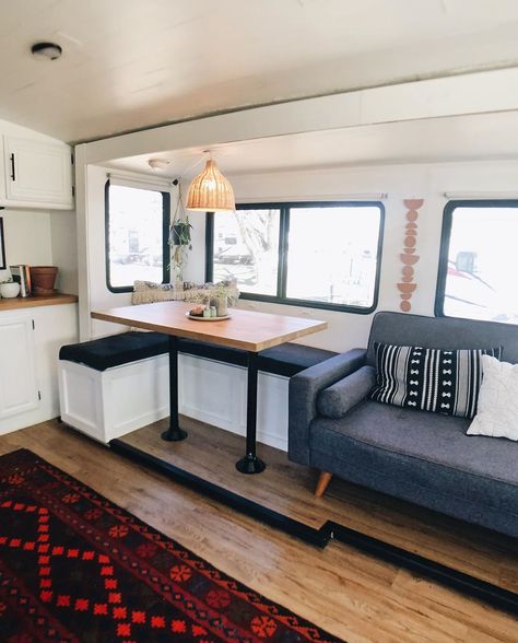 RV Remodel Ideas: 23 Ways to Upgrade Your Camper | Extra Space Storage Camper Table, Rv Living Room, Rv Interior Remodel, Extra Space Storage, Camper Trailer Remodel, Diy Camper Remodel, Rv Homes, Rv Makeover, Rv Renovations