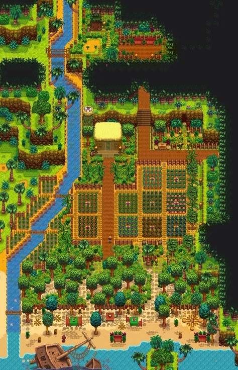 Farm Idea Stardew Valley, Ginger Island Home Stardew Valley, Stardew Valley Beehive Layout Ginger Island, Island Farm Stardew Valley, Stardew Valley Ginger Island House Design, Stardew Island Farm, Ginger Island Farm Layout Stardew Valley, Stardew Layout Farm, Ginger Island Layout Stardew Valley