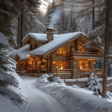 Winter Lodge Exterior, Winter Chalet Exterior, Winter Cabin Exterior, Luxury Winter Cabin, Cliff Architecture, Winter Cabins, Western Cabin, Snowy House, Cozy Cabin In The Woods