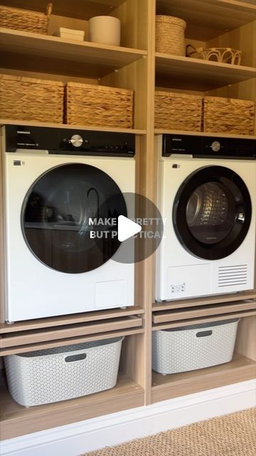 Kerry Kellett on Instagram: "There’s no point in having a pretty utility room if it’s not practical too, here are my favourite functions in this room.

1. Raised appliances to save your back
2. Pull out shelf for wash brackets and to fold washing
2. Basket storage
4. Wall mounted airer for delicate or small wash loads
5. Shoe and coat storage area
6. Broom cupboard for clean equipment and storage

#utility #utilityroom #utilityroomdecor #utilityroominspo #ikeahack #ikeaatmine #ikea #storage #storagesolutions" Cupboard For Washing Machine, Washing Area Ideas, Washing Room Ideas Laundry, Washing Machine Room, Wash Area Design, Washing Room Ideas, Utility Room Storage Ideas, Laundry Cupboard Ideas, Washing Machine Area Ideas