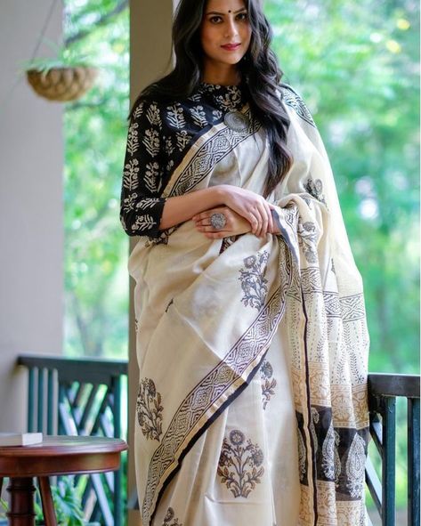 Formal Saree Office Classy, Formal Saree, Cotton Saree Blouse Designs, Cotton Saree Blouse, Block Print Saree, Dress Design Patterns, Saree Blouse Designs Latest, Ethnic Looks, Trendy Sarees