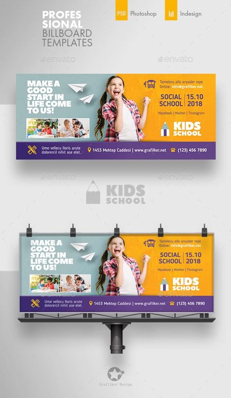 Kids School Billboard Templates - Signage Print Templates School Billboard Design Ideas, School Billboard Design, School Advertising Poster Ideas, School Banner Design Ideas, Billboard Layout, Billboard Design Advertising, Billboard Design Ideas, School Banner Design, Billboard Template