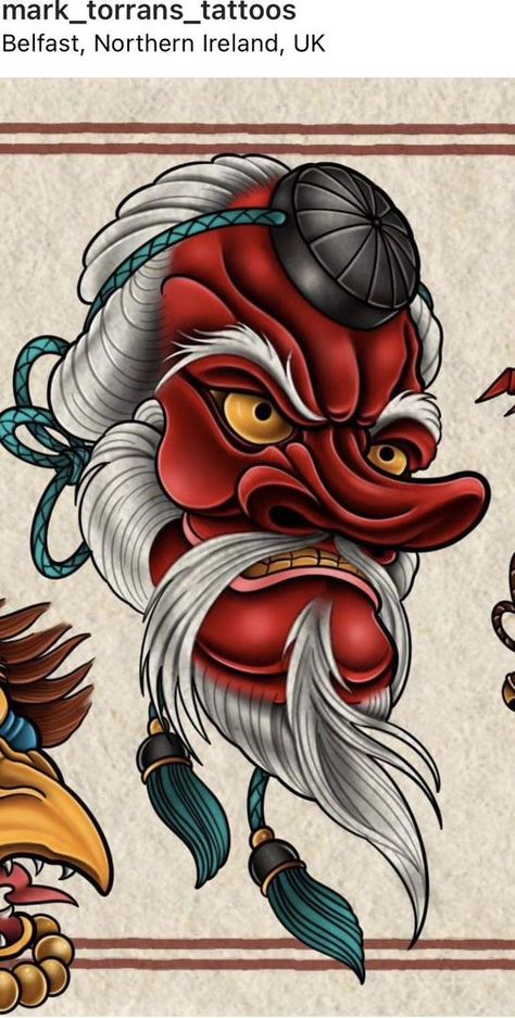 Tengu Tattoo Design, Tengu Art, Chest Tattoo Japanese, Tattoo Daruma, Tengu Tattoo, Daruma Doll Tattoo, Japanese Mask Tattoo, Dragon Tattoo Sketch, Oni Tattoo