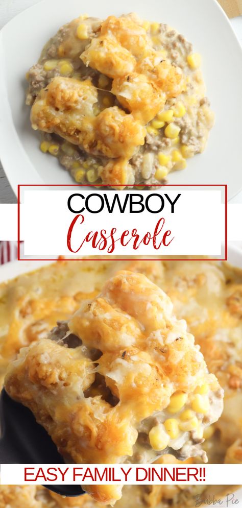 This Cowboy Casserole is a hearty, rich family dinner that is loaded with just about everything but the kitchen sink. A hashbrown casserole with ground beef, vegetables, cream of mushroom soup and tons of cheese, it's enough to satisfy even the hungriest families! Hashbrown Casserole With Ground Beef, Casserole Recipes Beef, Cowboy Tater Tot Casserole, Easy Family Casseroles, Cheese Tater Tots, Cowboy Casserole, Easy Casserole Dishes, Keto Beef Recipes, Hashbrown Recipes