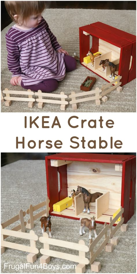 IKEA Hack:  Turn a Knagglig Wooden Crate into a Horse Stable for Toy Horses!  This would make a fun gift. Ikea Crates, Toy Horse Stable, Toy Horses, Toy Barn, Horse Stable, Barn Wood Crafts, Horse Crafts, Horse Diy, Toy Horse