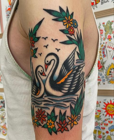 Swan Arm Tattoo, Traditional Watering Can Tattoo, Traditional Side Tattoo, Traditional Swan Tattoo, Traditional Flamingo Tattoo, Scatter Tattoos, American Traditional Patchwork, American Traditional Leg Sleeve, Traditional Color Tattoo