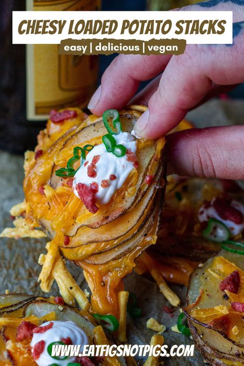 These delectable Cheesy Vegan Loaded Potato Stacks are the mini version of a loaded baked potato. Creamy vegan cheddar cheese is nestled between layers of thinly sliced potatoes then drizzled with melted butter and baked to golden, crispy perfection! Top the cheesy stacks with classic loaded baked potato toppings – sour cream, bac’n bits, and chives! Serve as fun, party appetizer or delicious side dish! Easy | Delicious | Vegan Italian Beef Crockpot, Baked Potato Toppings, Vegan Lunch Box, Vegan Cheddar Cheese, Potato Stacks, Vegan Party Food, Loaded Baked Potato, Potato Toppings, Plant Based Snacks