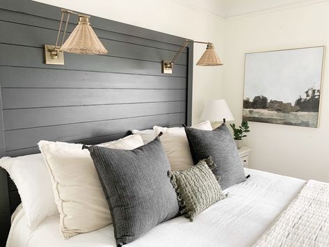 Diy Headboard Between Two Windows, Accent Wall No Headboard, Shiplap Headboard Wall Bedroom, Master No Headboard, Shiplap Headboard With Lights, Lake House Headboard Ideas, Master Bed No Headboard, Beadboard Headboard Diy, Diy Headboard Wall Ideas