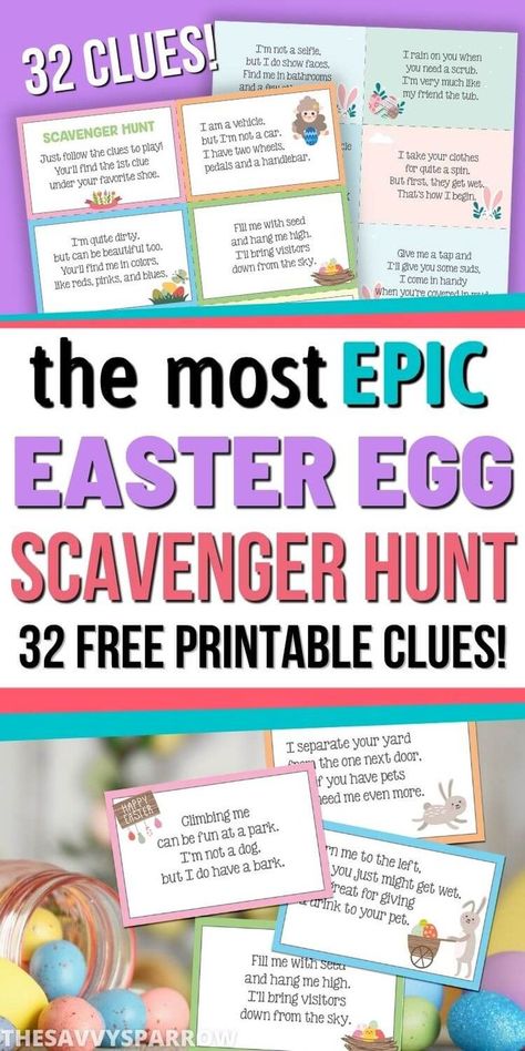 Want to do a fun Easter scavenger hunt for kids this year? Use these free printable Easter scavenger hunt clues to make it easy! These printable Egg hunt clues are perfect for kids and teenagers too. Just print the scavenger hunt riddles, cut them out, and hide them indoors or outside. Comes with 32 free printable Easter scavenger hunt cards. Add this to your list of fun Easter egg hunt ideas for kids! Easter Egg Scavenger Hunt Clues, Easter Riddles, Easter Scavenger Hunt Clues, Egg Hunt Clues, Easter Egg Scavenger Hunt, Easter Egg Hunt Clues, Easter Treasure Hunt, Easter Scavenger Hunt, Scavenger Hunt Clues