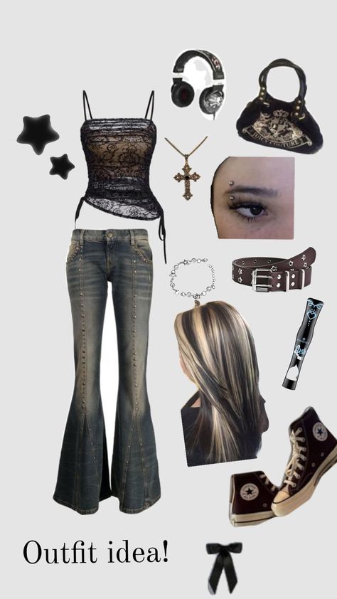 grunge/y2k outfit idea 💗🕸 Y2k And Grunge Outfits, Y2k Outfits Leggings, Fall Outfits Y2k Grunge, Y2k Grunge Outfits Aesthetic, School Outfits Y2k Grunge, 2000s Fashion Bratz, Y2k 90s Outfits, Y2k Outfits Concert, 200s Grunge Outfits