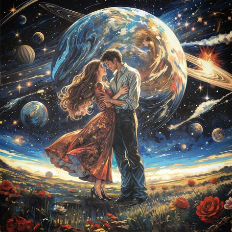 🌌💞 Step into a cosmic romance with this enchanting artwork, where a couple shares an intimate embrace amidst a celestial backdrop. The night sky is adorned with swirling galaxies, planets, and stars, creating a breathtaking tapestry of the universe. The lovers, grounded on a field of vibrant flowers, seem to transcend the earthly realm, their connection illuminated by the heavenly glow. The woman's flowing dress and the man's gentle hold encapsulate a moment of timeless love, set against the ... Universe Couple, Cosmic Romance, Cosmic Lovers, Celestial Backdrop, Planets And Stars, Flowing Dress, Timeless Love, Vibrant Flowers, The Lovers