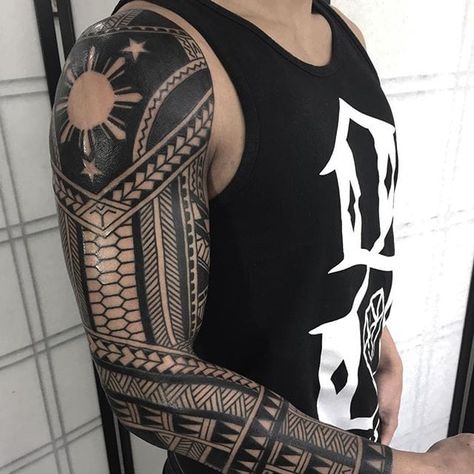 Polynesian Filipino Tattoo Designs, Filipino Half Sleeve Tattoo, Filipino Tattoos Men, Filipino Inspired Tattoo Sleeve, Filipino Tribe Tattoos Men, Filipino Tattoo Ideas, Vanuatu Tattoo, Tongan Tattoo Sleeve, Traditional Filipino Tattoo