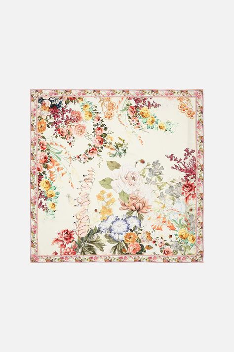 Print Scarf Design, Large Square Scarf, Luxury Silk Scarves, Vibrant Bouquet, Ladies Handkerchiefs, Floral Textile, Digital Borders Design, Floral Squares, Contrasting Trim