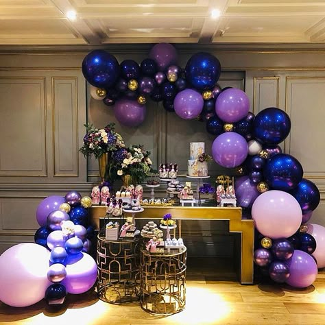 Royal Blue And Purple Balloon Garland, Blue Purple Decorations, Purple And Blue Party, Outdoor Birthday Decorations, 40th Birthday Party For Women, Lavender Balloons, Glow Birthday Party, Glow Birthday, Purple Balloons