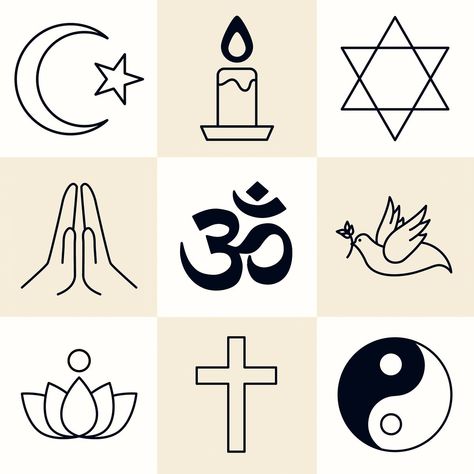 Mixed religious symbols set vector | free image by rawpixel.com / NingZk V. Lotus Illustration, Ohm Symbol, Balanced Beige, Classroom Banner, Om Symbol, The Cross Of Christ, Religious Symbols, Graphic Elements, Authentic Design