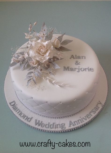 Diamond Wedding anniversary cake with hand made spray of flowers Diamond Wedding Anniversary Cake Ideas, Diamond Wedding Cake Ideas, Anniversary Cake Ideas For Parents, 60th Wedding Anniversary Cakes, 60th Anniversary Cake, 60th Wedding Anniversary Decorations, Diamond Wedding Anniversary Cake, Diamond Anniversary Cake, Silver Wedding Anniversary Cake