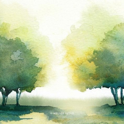 Green Pictures Art, Impressionist Watercolor, Forest Sunrise, Abstract Trees, Tree Watercolor Painting, Watercolor Art Landscape, Watercolor Paintings Nature, Abstract Watercolor Landscape, Watercolor Green