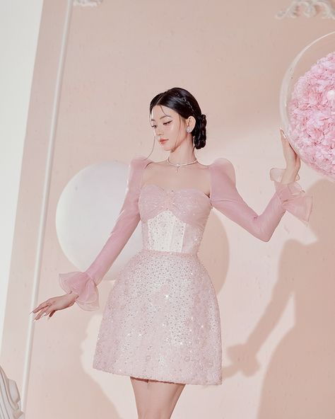 Elegant Wrap Dress, Beautiful Frocks, Dress With Rhinestones, Leg Of Mutton Sleeve, Alternative Wedding Dresses, Pink Mini Dress, Sophisticated Dress, Fashion Hacks Clothes, Modest Fashion Outfits