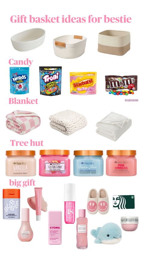 This is a realistic basket for a budget Pink Blanket, Christmas Baskets, Quick Gifts, Pink Cotton Candy, Gift Basket Ideas, Big Gifts, Basket Ideas, Friend Birthday Gifts, Friend Birthday