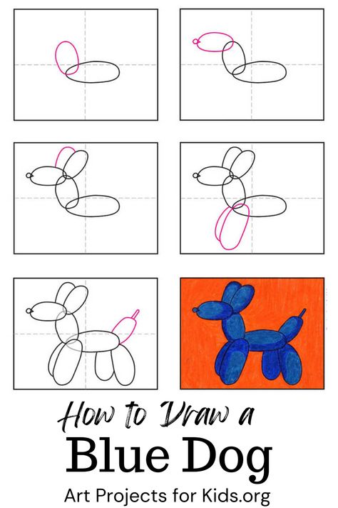 How To Draw A Balloon Dog, Balloon Dog Drawing Tutorial, Dog Doodle Step By Step, Balloon Dog Painting Easy, Dog Doodles Simple Step By Step, Clay Balloon Dog, Balloon Dog Drawing, Draw Dog Easy Kids, Balloon Dog Art