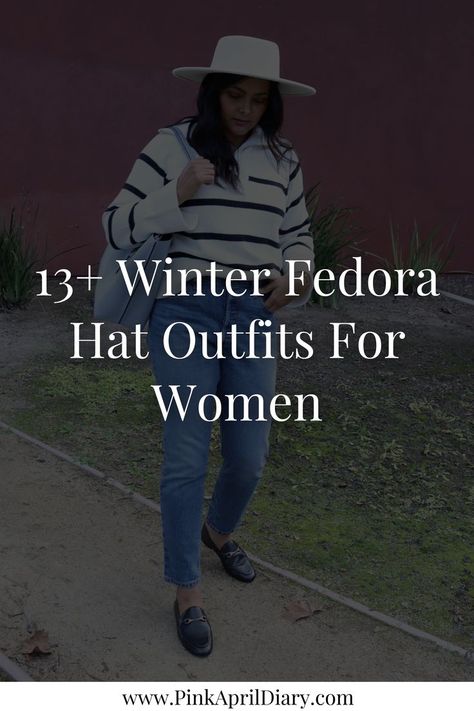 Unleash your inner fashionista this winter with my latest chic winter fashion blog post featuring 13+ Fedora hat outfit ideas. From a Fedora Hat Midi Dress Outfit to a Fedora Hat Denim Jacket outfit, these winter Fedora hat outfits for women will help you add a touch of sophistication to your winter wardrobe capsule. Click the link to read more today and discover how to wear a Fedora hat in the winter for a chic winter look! Maxi Dress And Fedora Hat Outfit, How To Wear A Hat With Short Hair Winter, Women’s Hat Outfit, Black Fedora Hat Outfit Winter, Fedora Hat Winter Outfit, Fedora With Short Hair, Hat Outfits Winter, How To Wear A Hat, Womens Fedora Hat Outfit